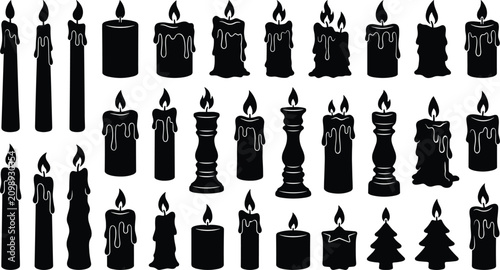 Konstfotografi Burning Candle Silhouette Collection with Dripping Wax and Decorative Vector Set