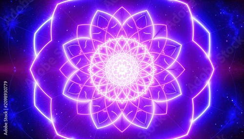 Sacred geometry lotus mandala radiating light in a cosmic environment Symbolizing spiritual balance and universal harmony.