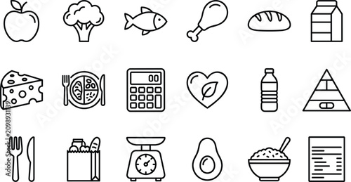 Cuadro en lienzo Healthy nutrition and balanced diet vector line icon set containing fresh organic food products meal planning and weight management illustrations