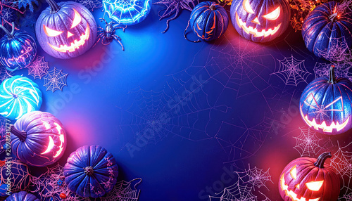 Halloween celebration with glowing carved pumpkins Neon lights illuminating spider webs and seasonal decor on a dark surface.