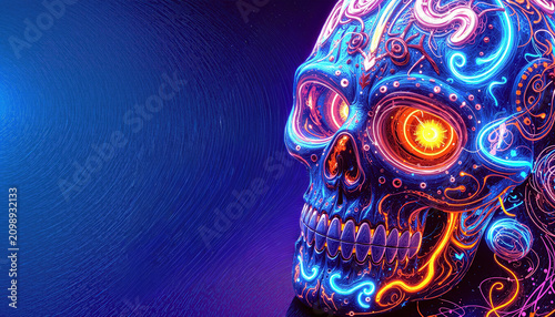 Intricate glowing neon skull decorated with psychedelic patterns conceptualizing spiritual traditions and the cycle of life.