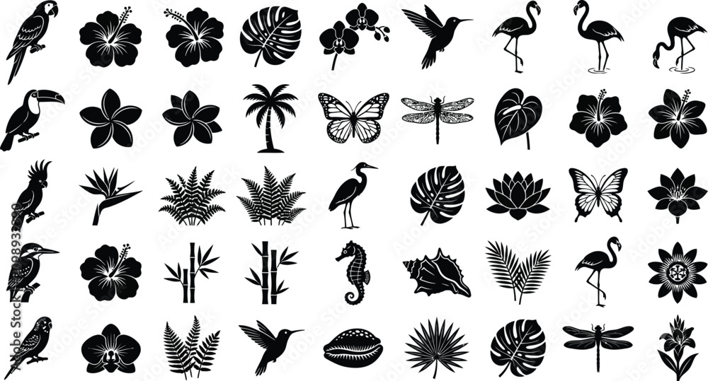 Fototapeta premium Black tropical icons set with birds, flowers, butterflies and leaves