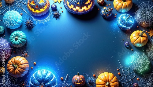 Halloween gourds glowing jack o lanterns and spider webs artistically adorning dark blue surface creating spooky holiday frame.