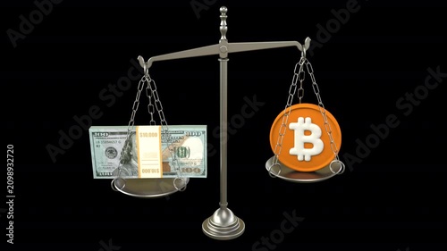 Bitcoin vs dollar balance scale – 3d render looped with alpha channel.