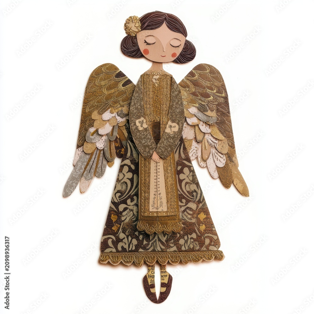 Obraz premium Elegant Vintage Paper Angel With Golden Wings And Handmade Collage Illustration Style