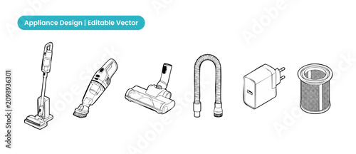 Tableau sur toile Vacuum cleaner vector icons set of cordless stick vacuum, handheld sweeper, filter, power charger adapter, hose and brush nozzles