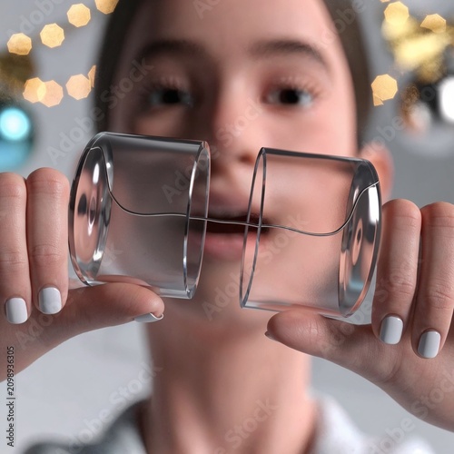 Child joyfully playing with transparent plastic cups against a festive background