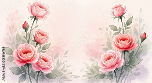 Watercolor Floral Pattern with Pink Roses and Foliage: Botanical Art Flower Background