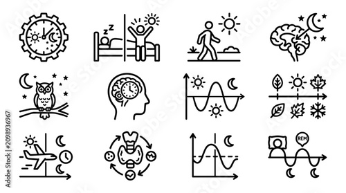 Foto Circadian Rhythm Icons: Sleep, Wake, Brain, Nature, Travel, Health