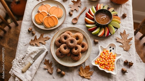 Festive Autumn Harvest Treat Spread: Apple Slices, Caramel Dip, and Pumpkin Cookies