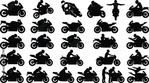 Fotografía Sport Motorcycle Rider Silhouette Collection with Racing Bike Vector Pose Set