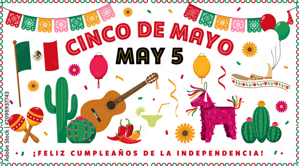 Naklejka premium Feliz Cinco De Mayo May 5 Typography with Mexican Flag, Pinata, Sombrero, Guitar, Cactus, and Lantern Banner for Fiesta Designs