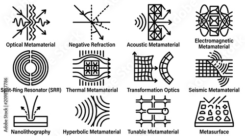 Bild auf Leinwand Metamaterials Science Icons: Optics, Acoustics, Electromagnetism, Thermal, Seism