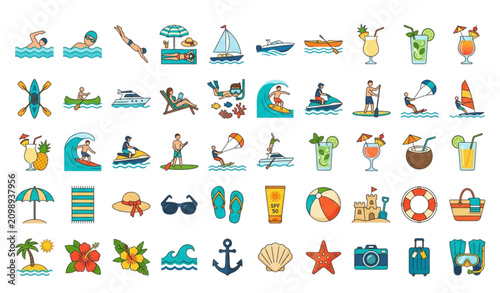 Fotografie Summer Leisure and Beach Activities Vector Icon Collection