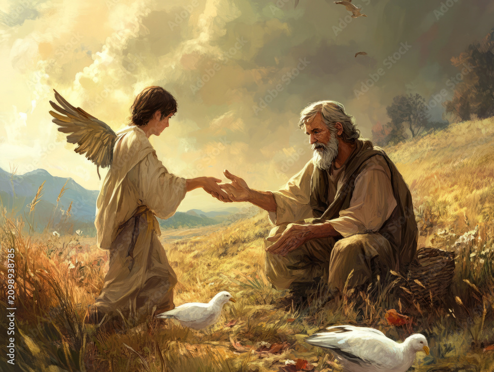 Obraz premium Biblical scene of an angel helping a poor old man