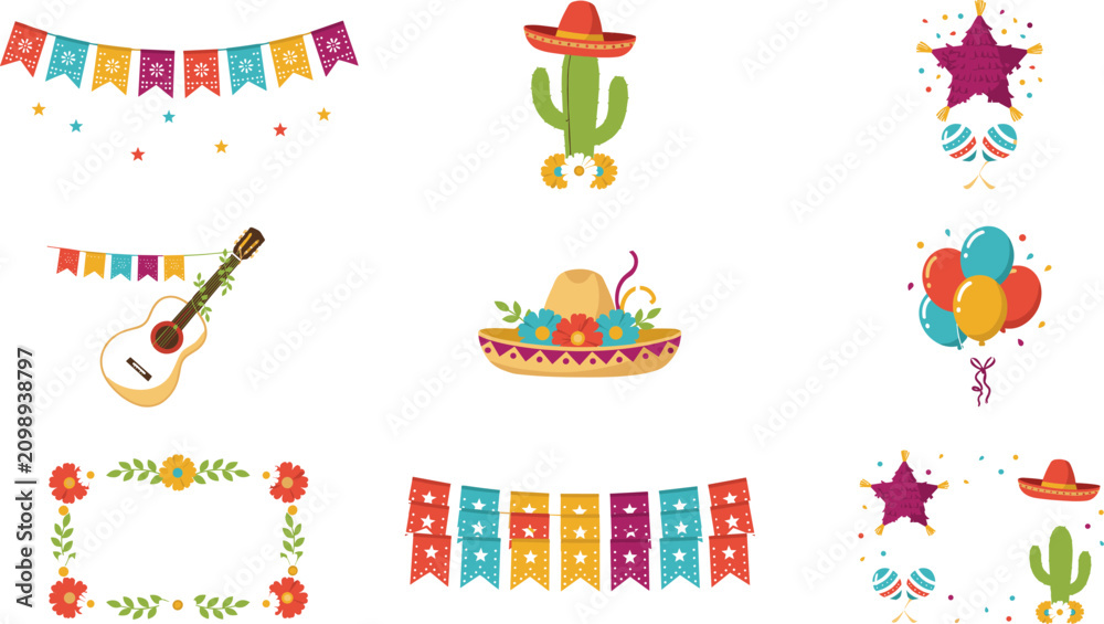 Naklejka premium Mexican Fiesta Party Icon Set with Sombrero, Cactus, Pinata, Guitar, Balloons, and Bunting Banner for Cinco de Mayo Designs