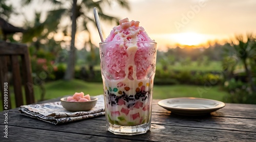 Colorful layered dessert in glass with fresh berries.