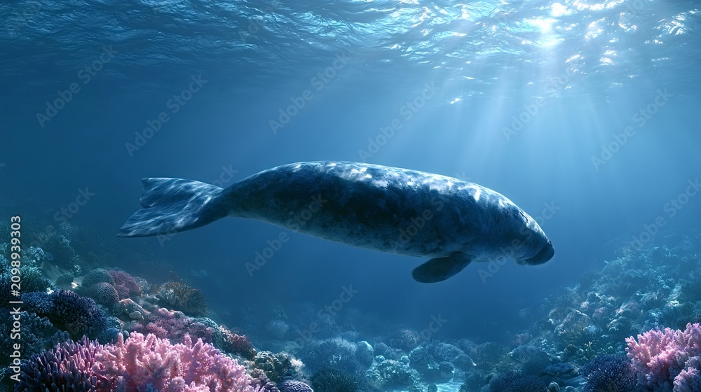 Fototapeta premium Dugong swimming peacefully in clear blue ocean water, sun rays penetrating from the surface, illuminating vibrant coral formations on the seabed, showcasing marine life and biodiversity