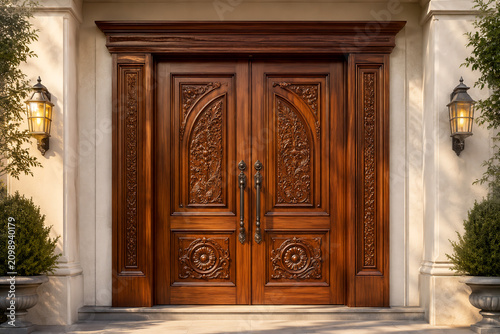 Luxury Carved Solid Wooden Double Front Door for Elegant Modern House Entrance, Premium Architectural Exterior