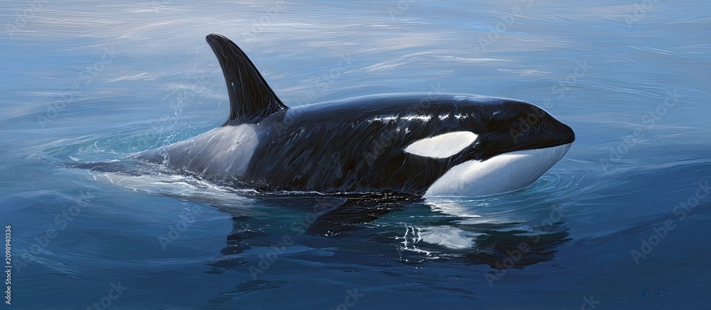Obraz premium Orca Whale Swimming in Ocean Calm Waters Under Clear Sky