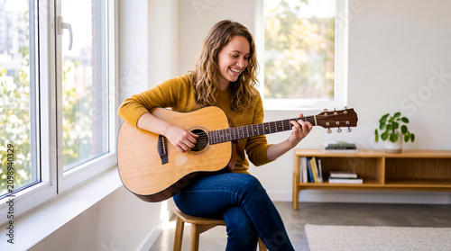 Woman sits on chair playing acoustic guitar in bright room with large windows. Natural light fills space, creating cozy setting. Concept of music therapy, entertainment, home decor
