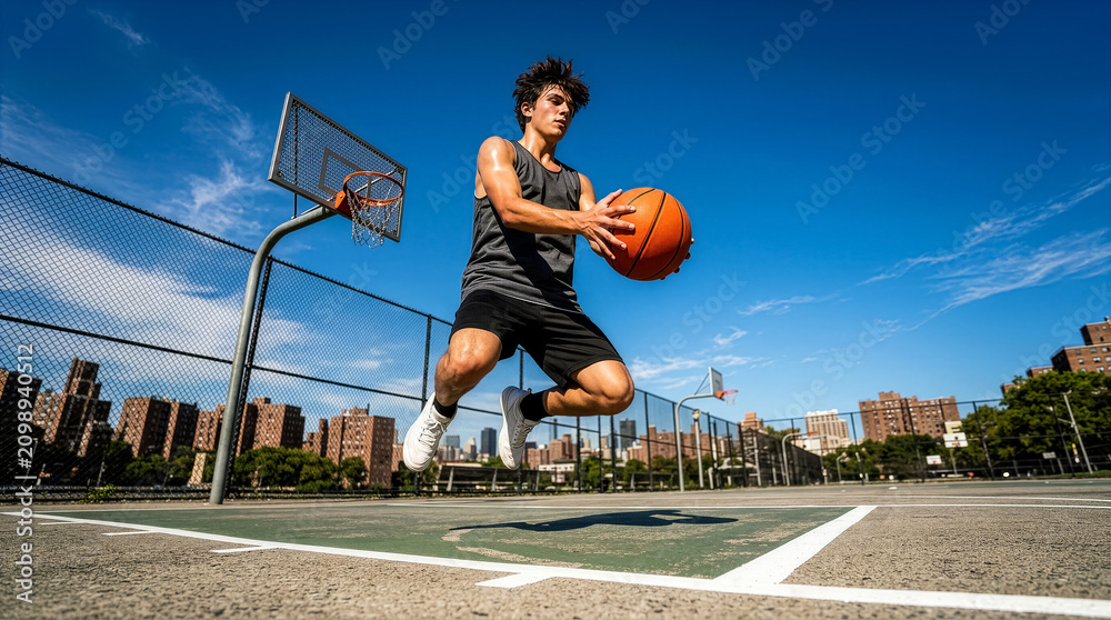 Obraz premium Young man jumps with basketball ready to shoot. Outdoor court located in urban area with buildings in background. Concept of sports, fitness, youth activities