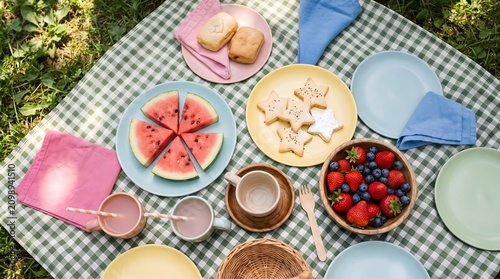 Summer Picnic Spread: Fresh Fruit, Sandwiches, and Watermelon on a Gingham Blanket