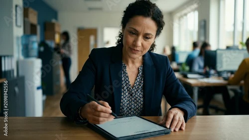 Service business owner signs agreement on tablet screen foreground crisp while office interior is outoffocus symbolizing underwriting for cash advance.