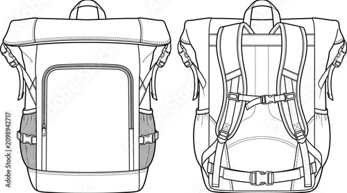 Technical flat sketch of backpack with straps, pockets, and detailed construction lines