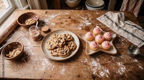 Rustic Baking Scene: Chocolate Chip Cookies and Pink Cupcakes on a Wooden Table