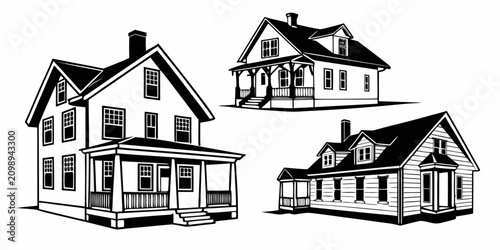 Schilderij op canvas Set of four black and white cottage houses with dormer windows and chimneys on w