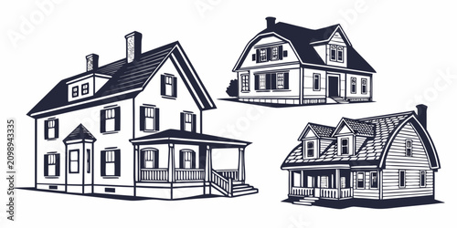 Foto Set of ten black and white cottage house vintage style line cottage houses line