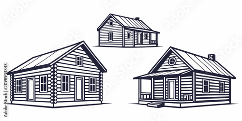 Tableau sur toile Set of three wooden cabins with gabled roofs, shuttered windows, and brick chimn