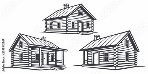 Quadro su tela Set of three wooden cabins with white walls and dark roofs on white background,
