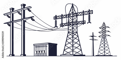 Photos Black and white line of electric power transmission towers and lines, 3 d isomet