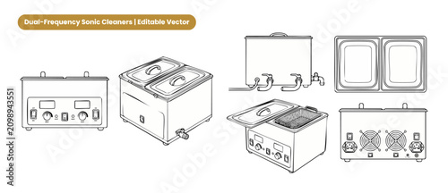 Canvastavla Ultrasonic cleaner vector outline diagram of dual frequency sonic bath machine set