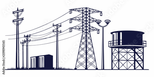 Black and white of power lines, utility poles, and transformers electrical infrastructure