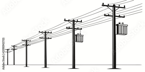 Black and white silhouettes of utility poles and electrical wires against a white background