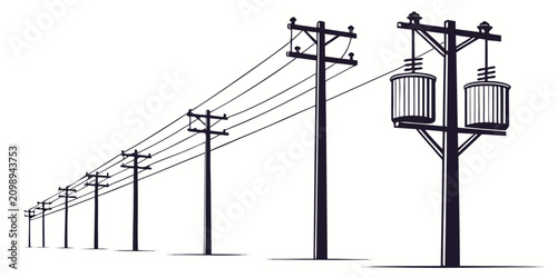 Photos Set of 11 utility pole silhouettes with crossbars and insulators against white b