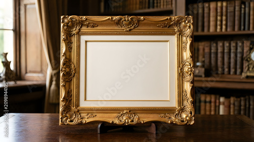 Golden ornate picture frame on dark surface