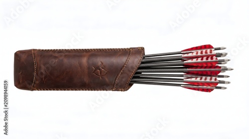Horizontal View of Leather Archery Quiver with Red Arrows Isolated on White