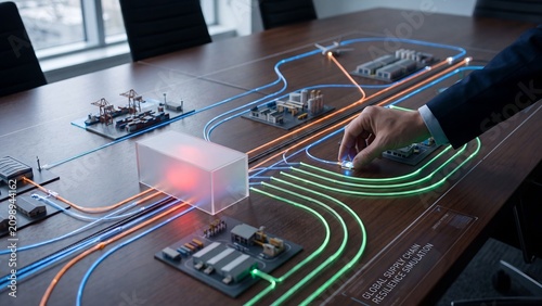 Global Supply Chain Resilience Simulation. Executive placing node piece on boardroom table model showing port factory warehouse and rail connections with glowing red disruption block and rerouted gree
