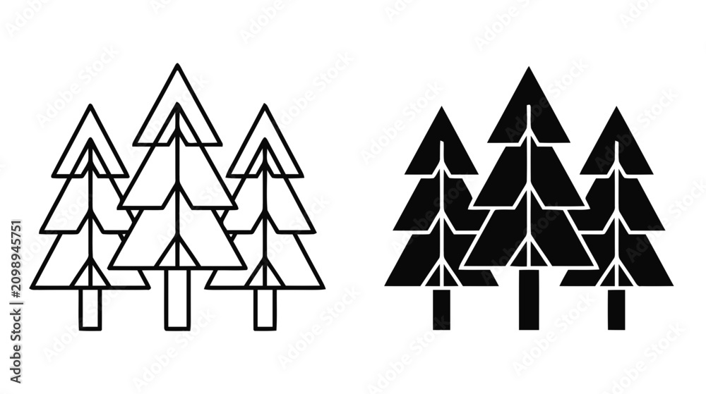 Fototapeta premium Vector illustration of set of pine tree icons, outline and solid style on a transparent background