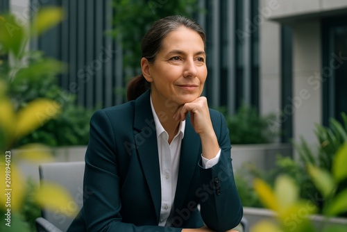 Confident middle-aged businesswoman in dark green suit smiling thoughtfully while sitting outdoors in modern office courtyard with greenery around. Ai generative