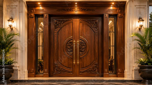 Luxury Handcrafted Carved Wooden Double Front Door at Elegant Villa Entrance | Premium Architectural Exterior