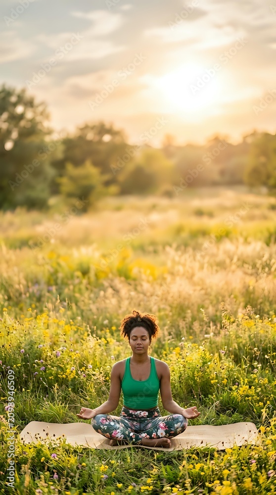 Fototapeta premium Woman of mixed ethnicity in green sports top and patterned leggings meditating in lotus position on mat in wildflower meadow at golden hour sunset for wellness and yoga lifestyle content.