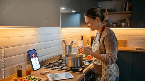 Woman in casual home attire cooking on stovetop while viewing recipe on smartphone, modern kitchen with warm lighting and subway tile backsplash for culinary content.