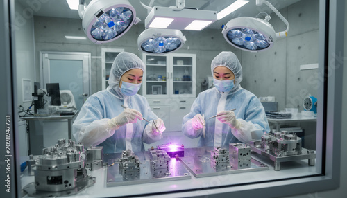 Two female Asian scientists in sterile coats and masks inspecting high precision metallic parts under bright surgical lamps inside a cleanroom viewable through a glass window