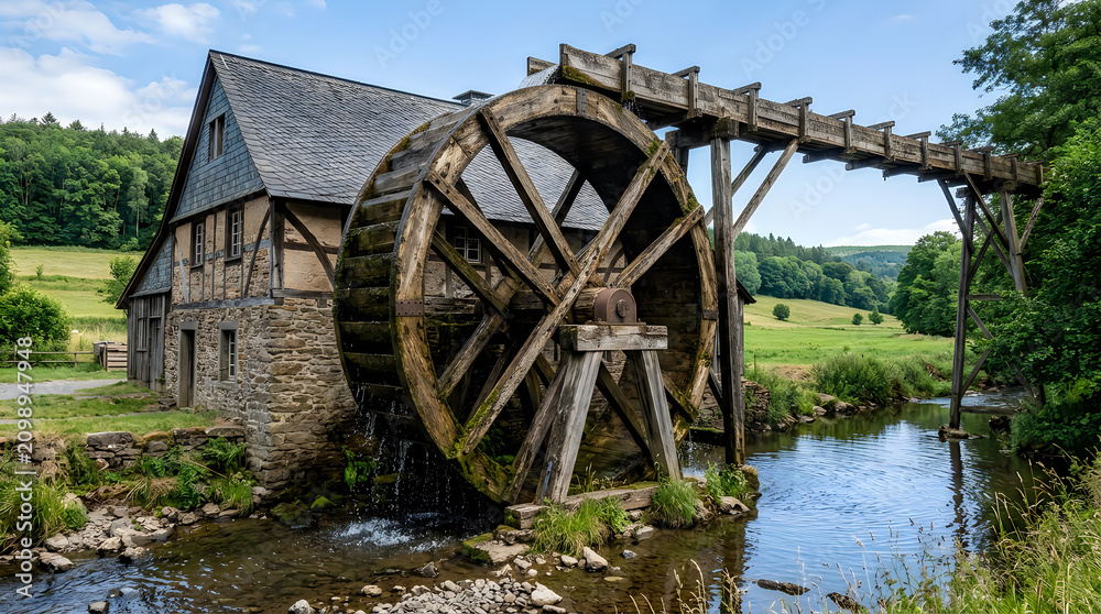 Obraz premium Historic wooden water wheel next to an old stone house by a stream