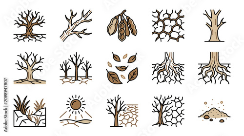 Konstfotografi Dry Tree and Soil Icons: Drought, Arid Climate, Desertification, Nature Elements